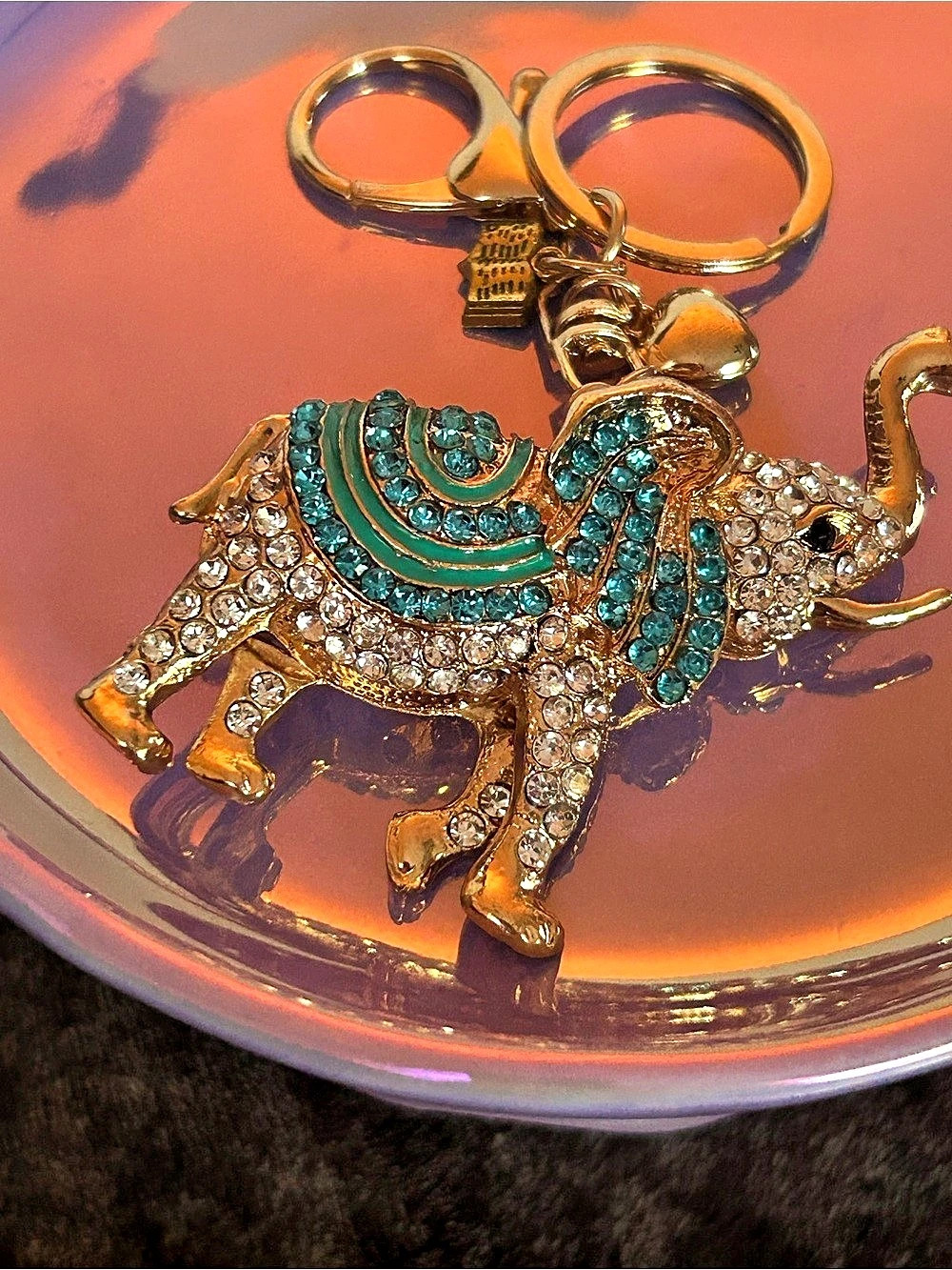 Elephant Rhinestone Keychain Gold Turquoise New